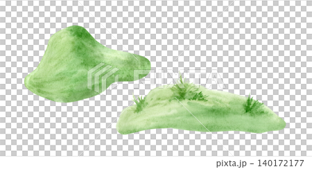 Watercolor set of green grassy hills isolated on white background. Hand drawn landscape elements for kids' book illustrations, nature-themed designs and spring garden-themed projects. 140172177