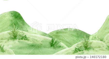 Watercolor seamless border with rolling green hills and grass isolated on white background. Hand drawn botanical strip for spring landscape designs, kids' book illustration and natural decor prints. Watercolor seamless border with rolling green hills and grass isolated on white background. Hand drawn botanical strip for spring landscape designs, kids' book illustration and natural decor prints. 140172180