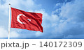 Turkish flag waving in the blue, cloudy sky.	 140172309