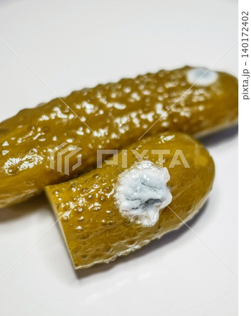 Spoiled Pickles with Mold. Food Safety, Fermentation, and Microbiology Concept Spoiled Pickles with Mold. Food Safety, Fermentation, and Microbiology Concept 140172402