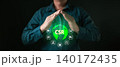 Businessman hands protecting green globe with CSR text and ecology icons. Concept of corporate social responsibility, sustainable environment, ethical business, and nature care. 140172435