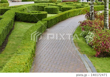 Curves of nature: A winding path through lush greenery in a tranquil garden 140172471