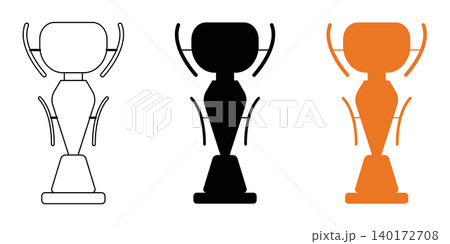 Minimal trophy icon collection featuring outline, solid black, and flat orange styles. Ideal for achievement, award, success, winner, ranking, and competition concepts. 140172708