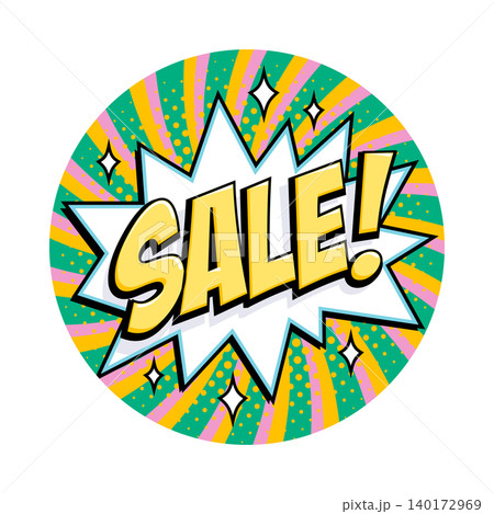 Round sale sticker in vibrant comic style with bold yellow lettering on white cloud burst. Eye catching badge for seasonal promos, retail campaigns Round sale sticker in vibrant comic style with bold yellow lettering on white cloud burst. Eye catching badge for seasonal promos, retail campaigns 140172969