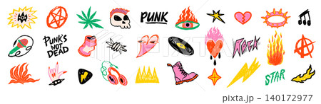 Rock punk doodle icon set with music symbols, skull, fire and handwritten graffiti elements in colorful hand drawn style. Punk rock icons for stickers, posters and merch 140172977