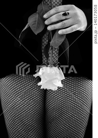 close up of female hand holding stem of blooming rose against background of sexy body in tights close up of female hand holding stem of blooming rose against background of sexy body in tights 140173058