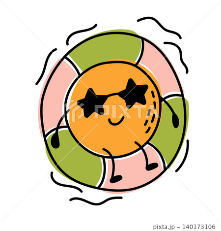 Happy orange character with sunglasses inside colorful lifebuoy, doodle style Happy orange character with sunglasses inside colorful lifebuoy, doodle style 140173106