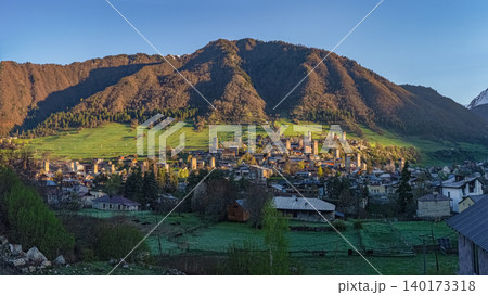 Panoramic view of Mestia city in Upper Svaneti region, Georgia. Panoramic view of Mestia city in Upper Svaneti region, Georgia. 140173318