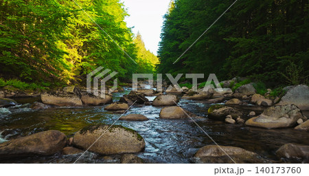 Scenic mountain river flowing through a dense green forest with large rocks and clear water. Peaceful wilderness landscape captured during spring, ideal for nature and travel themes. 140173760