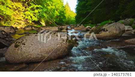 Scenic mountain river flowing through a dense green forest with large rocks and clear water. Peaceful wilderness landscape captured during spring, ideal for nature and travel themes. Scenic mountain river flowing through a dense green forest with large rocks and clear water. Peaceful wilderness landscape captured during spring, ideal for nature and travel themes. 140173761