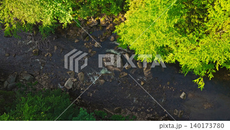 Aerial top-down view of a winding river flowing through a lush green forest. Scenic wilderness landscape with rocks and trees, perfect for nature, travel and environmental concepts. Aerial top-down view of a winding river flowing through a lush green forest. Scenic wilderness landscape with rocks and trees, perfect for nature, travel and environmental concepts. 140173780