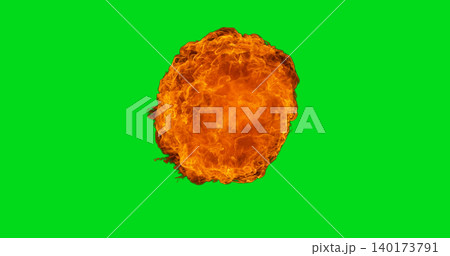 Realistic fireball explosion isolated on green screen background. Detailed flame burst with glowing combustion effect, ideal for VFX compositing, action scenes and cinematic projects. Realistic fireball explosion isolated on green screen background. Detailed flame burst with glowing combustion effect, ideal for VFX compositing, action scenes and cinematic projects. 140173791