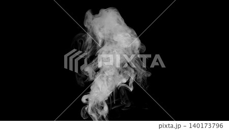 Detailed white smoke formation isolated on black background. Abstract swirling vapor with realistic texture and smooth flowing shapes, ideal for creative design, overlays and visual effects. 140173796