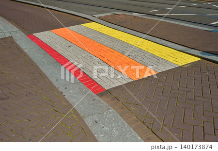 Colorful Crosswalk Adds Vibrancy to Amsterdam's Bustling City Center Streets During a Sunny Day Colorful Crosswalk Adds Vibrancy to Amsterdam's Bustling City Center Streets During a Sunny Day 140173874