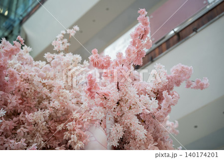 Pink blossom branches form a decorative floral installation inside a shopping mall with dense clusters of flowers and soft pastel tones. Retail decoration and lifestyle scene 140174201