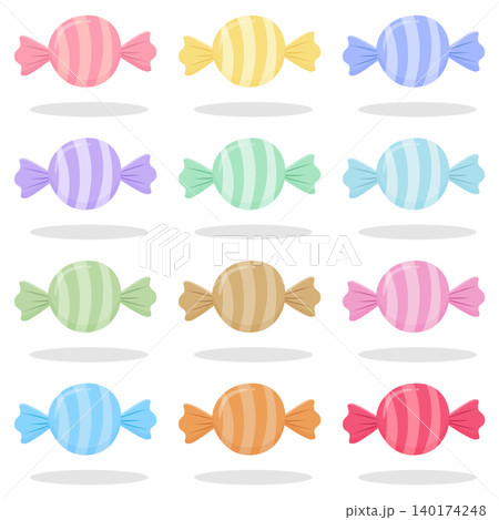 Cute Pastel Wrapped Candy Set with Colorful Sweet Candies Collection Isolated on White Background Cute Pastel Wrapped Candy Set with Colorful Sweet Candies Collection Isolated on White Background 140174248