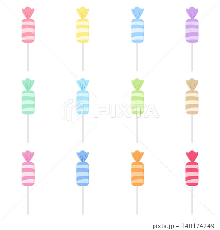 Cute Pastel Lollipop Candy Collection with Colorful Striped Sweet Treats Isolated on White Background Cute Pastel Lollipop Candy Collection with Colorful Striped Sweet Treats Isolated on White Background 140174249