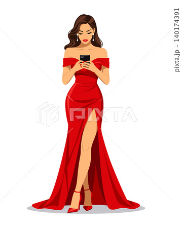 Woman red dress vector using smartphone 140174391