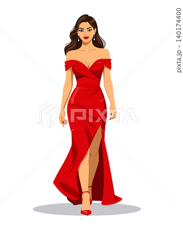Woman red dress vector walking forward Woman red dress vector walking forward 140174400