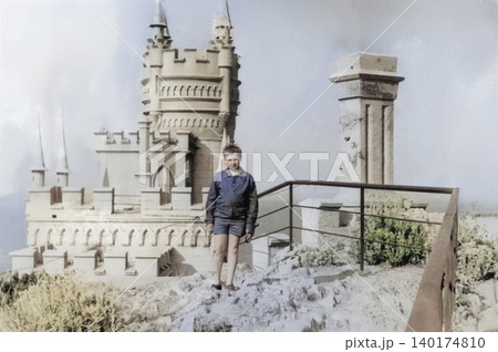 Young boy visiting Swallow's Nest Castle in Crimea during a family trip in 1971 140174810