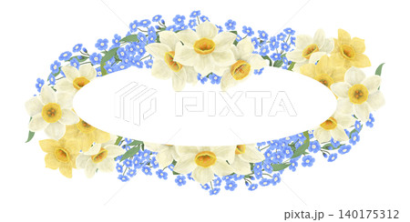 A frame of a floral arrangement of blue forget-me-nots and daffodils, a digital handmade illustration on a white background. An element for the design of postcards, invitations, packaging, wallpaper A frame of a floral arrangement of blue forget-me-nots and daffodils, a digital handmade illustration on a white background. An element for the design of postcards, invitations, packaging, wallpaper 140175312