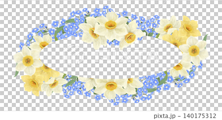 A frame of a floral arrangement of blue forget-me-nots and daffodils, a digital handmade illustration on a white background. An element for the design of postcards, invitations, packaging, wallpaper A frame of a floral arrangement of blue forget-me-nots and daffodils, a digital handmade illustration on a white background. An element for the design of postcards, invitations, packaging, wallpaper 140175312