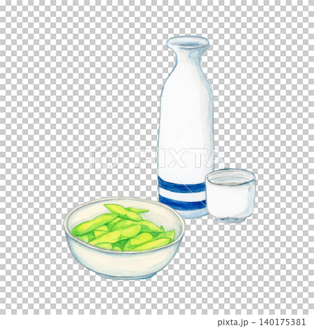 手繪水彩插圖,描繪了毛豆和清酒(清酒瓶和清酒杯)。 手繪水彩插圖,描繪了毛豆和清酒(清酒瓶和清酒杯)。 140175381