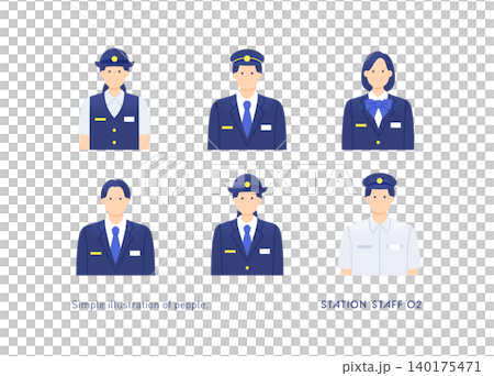 一組六個車站工作人員、站長和鐵路人員的上半身圖示向量圖。 140175471