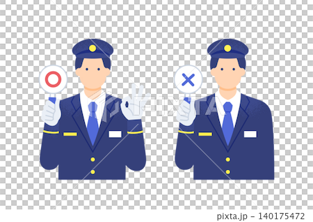 マルとバツの札を持つ男性駅員 OKとNGのアクション 上半身ベクターイラストセット 140175472