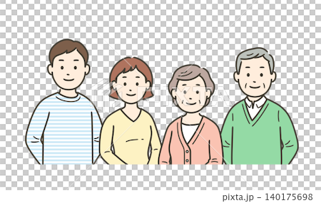 An illustration showing the upper bodies of an elderly couple and a young couple smiling together. An illustration showing the upper bodies of an elderly couple and a young couple smiling together. 140175698