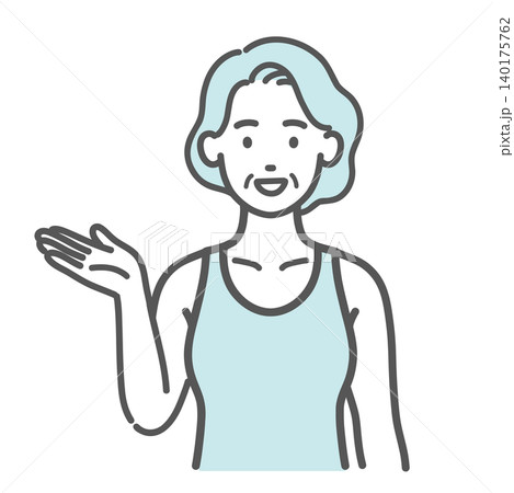 スポーツウェアを着たシニア女性の案内・紹介ポーズのイラスト スポーツウェアを着たシニア女性の案内・紹介ポーズのイラスト 140175762
