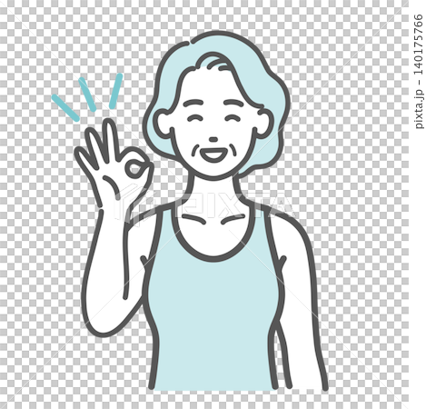 一幅插圖，描繪了一位身穿運動服的老婦人做出OK手勢。 140175766