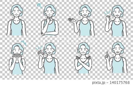 A set of 8 illustrations depicting the expressions and poses of senior women wearing sportswear. A set of 8 illustrations depicting the expressions and poses of senior women wearing sportswear. 140175768