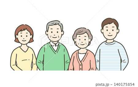 高齢者夫婦と若い夫婦が笑顔で集合した上半身イラスト 高齢者夫婦と若い夫婦が笑顔で集合した上半身イラスト 140175854