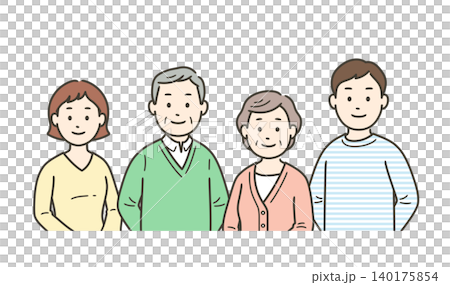 高齢者夫婦と若い夫婦が笑顔で集合した上半身イラスト 高齢者夫婦と若い夫婦が笑顔で集合した上半身イラスト 140175854