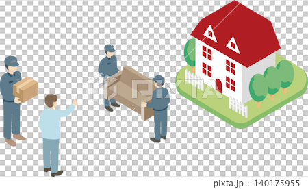 Isometric illustration of a moving company employee, a man, moving, new life, real estate, person, cityscape, house, material. Isometric illustration of a moving company employee, a man, moving, new life, real estate, person, cityscape, house, material. 140175955