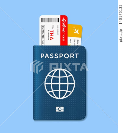 Passport and airline ticket template realistic design on blue background Passport and airline ticket template realistic design on blue background 140176133