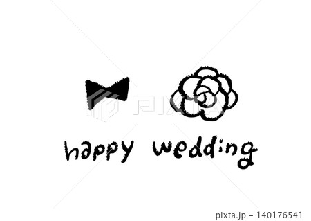 手描きの新郎新婦風船と花やハートで彩るHappy Weddingイラスト素材　結婚式や招待状に使える 140176541
