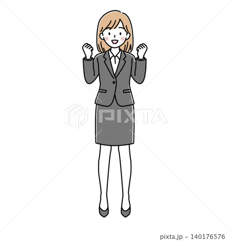 ガッツポーズをする女性会社員（全身）のベクターイラスト 140176576