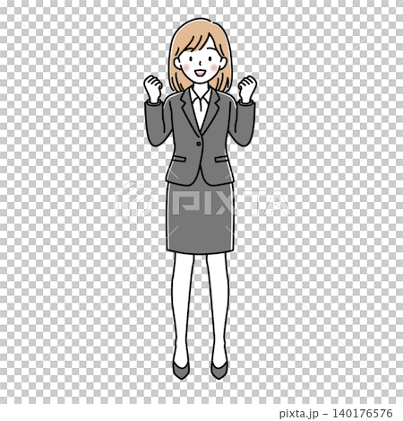 ガッツポーズをする女性会社員（全身）のベクターイラスト 140176576