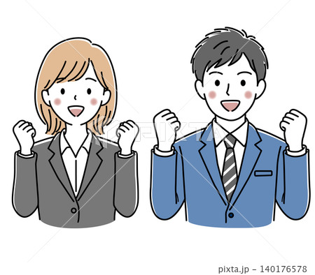 ガッツポーズをする会社員の女性と男性(上半身)のセットのベクターイラスト ガッツポーズをする会社員の女性と男性(上半身)のセットのベクターイラスト 140176578