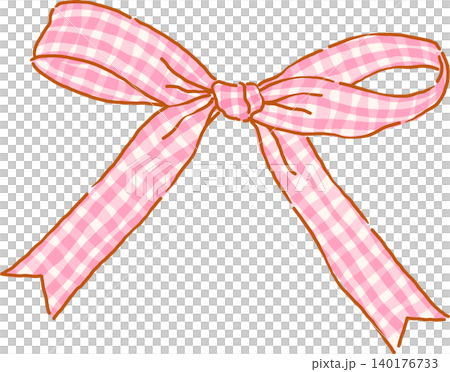 Retro Pink Gingham Ribbon Bow Whimsical Hand Drawn Doodle 140176733