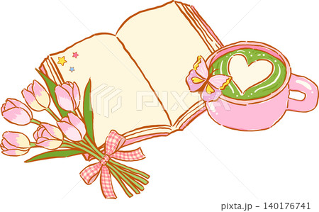 Whimsy Matcha Latte Bookish with Opened Book and Tulip Flowers Inky Hand Drawn Whimsy Matcha Latte Bookish with Opened Book and Tulip Flowers Inky Hand Drawn 140176741