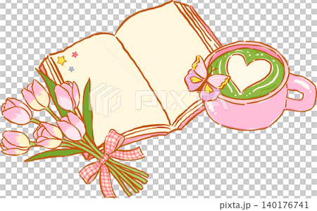 Whimsy Matcha Latte Bookish with Opened Book and Tulip Flowers Inky Hand Drawn Whimsy Matcha Latte Bookish with Opened Book and Tulip Flowers Inky Hand Drawn 140176741