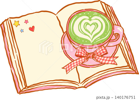 Whimsy Matcha Latte Bookish with Opened Book and Gingham Bow Doodle Hand Drawn Whimsy Matcha Latte Bookish with Opened Book and Gingham Bow Doodle Hand Drawn 140176751