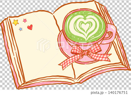 Whimsy Matcha Latte Bookish with Opened Book and Gingham Bow Doodle Hand Drawn Whimsy Matcha Latte Bookish with Opened Book and Gingham Bow Doodle Hand Drawn 140176751