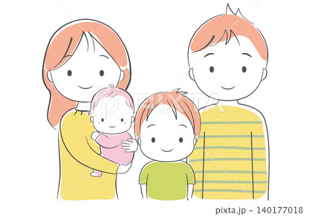赤ちゃんを抱っこした母親と父親、男の子の4人家族 赤ちゃんを抱っこした母親と父親、男の子の4人家族 140177018