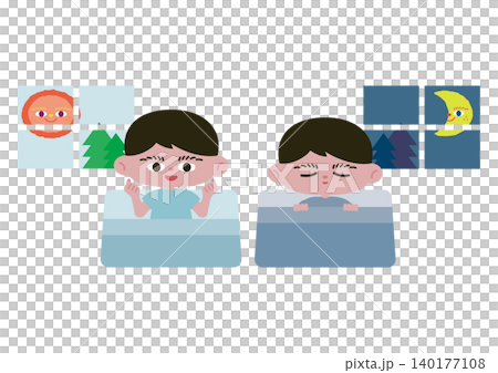 A set of vector illustrations of a boy waking up refreshed. A set of vector illustrations of a boy waking up refreshed. 140177108