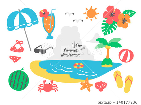 夏の海のかわいい手描きイラストセット 140177236