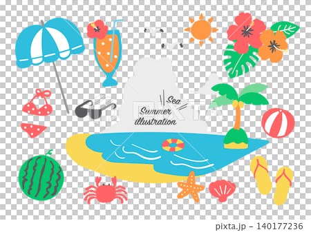夏の海のかわいい手描きイラストセット 140177236